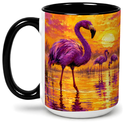 #pl[15oz|Black] Purple Flamingo Sunset Ceramic Mug, Vibrant Wetland Art Design