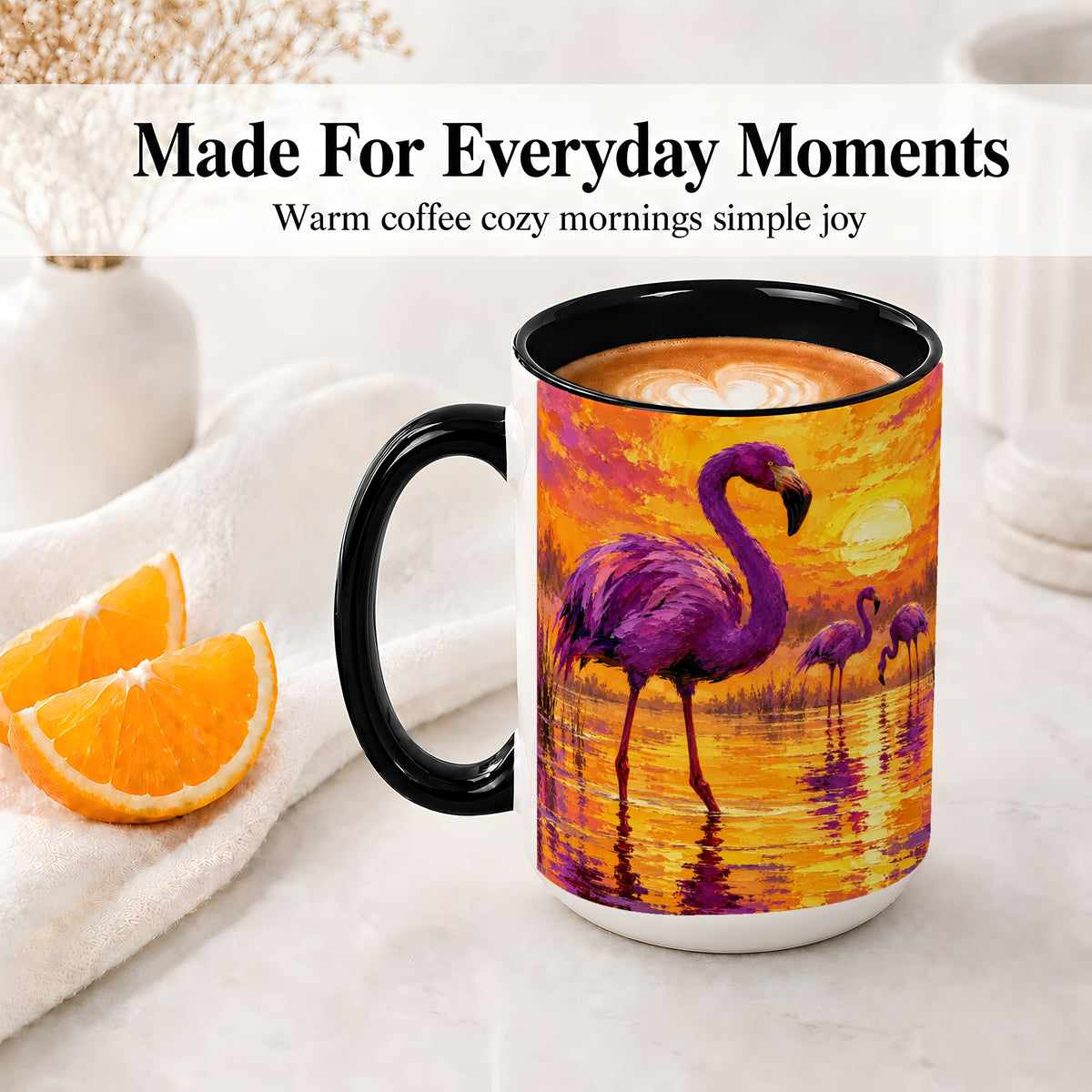 #pl[15oz|Black] Purple Flamingo Sunset Ceramic Mug, Vibrant Wetland Art Design