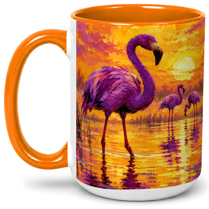 #pl[15oz|Orange] Purple Flamingo Sunset Ceramic Mug, Vibrant Wetland Art Design