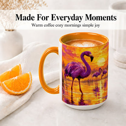#pl[15oz|Orange] Purple Flamingo Sunset Ceramic Mug, Vibrant Wetland Art Design