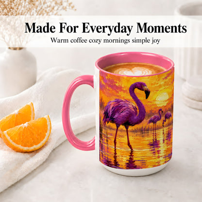 #pl[15oz|Pink] Purple Flamingo Sunset Ceramic Mug, Vibrant Wetland Art Design