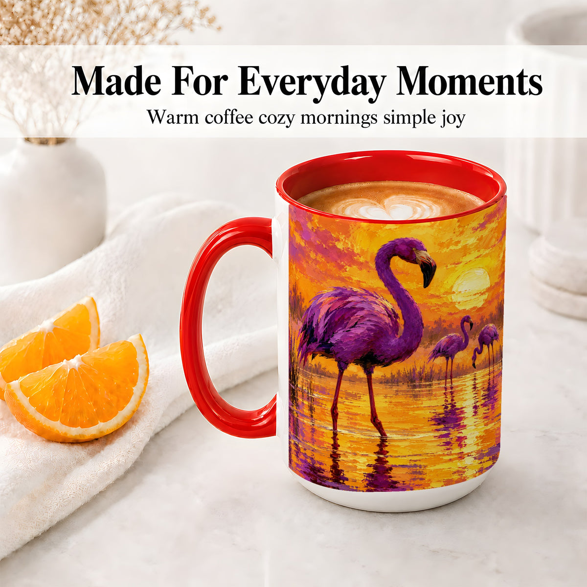 #pl[15oz|Red] Purple Flamingo Sunset Ceramic Mug, Vibrant Wetland Art Design