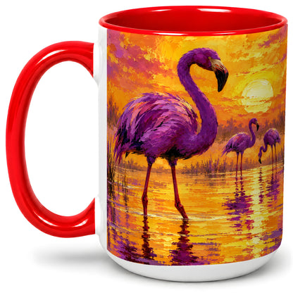 #pl[15oz|Red] Purple Flamingo Sunset Ceramic Mug, Vibrant Wetland Art Design