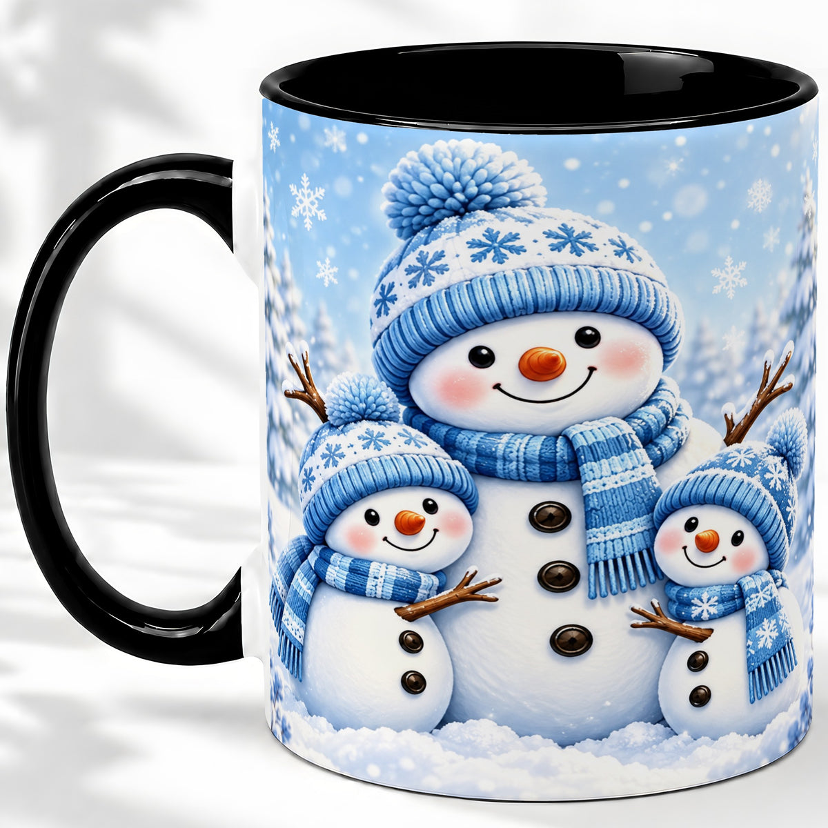 #pl[11oz|Black] Festive Snowman Family Ceramic Mug, Blue Winter Snowflake Artwork