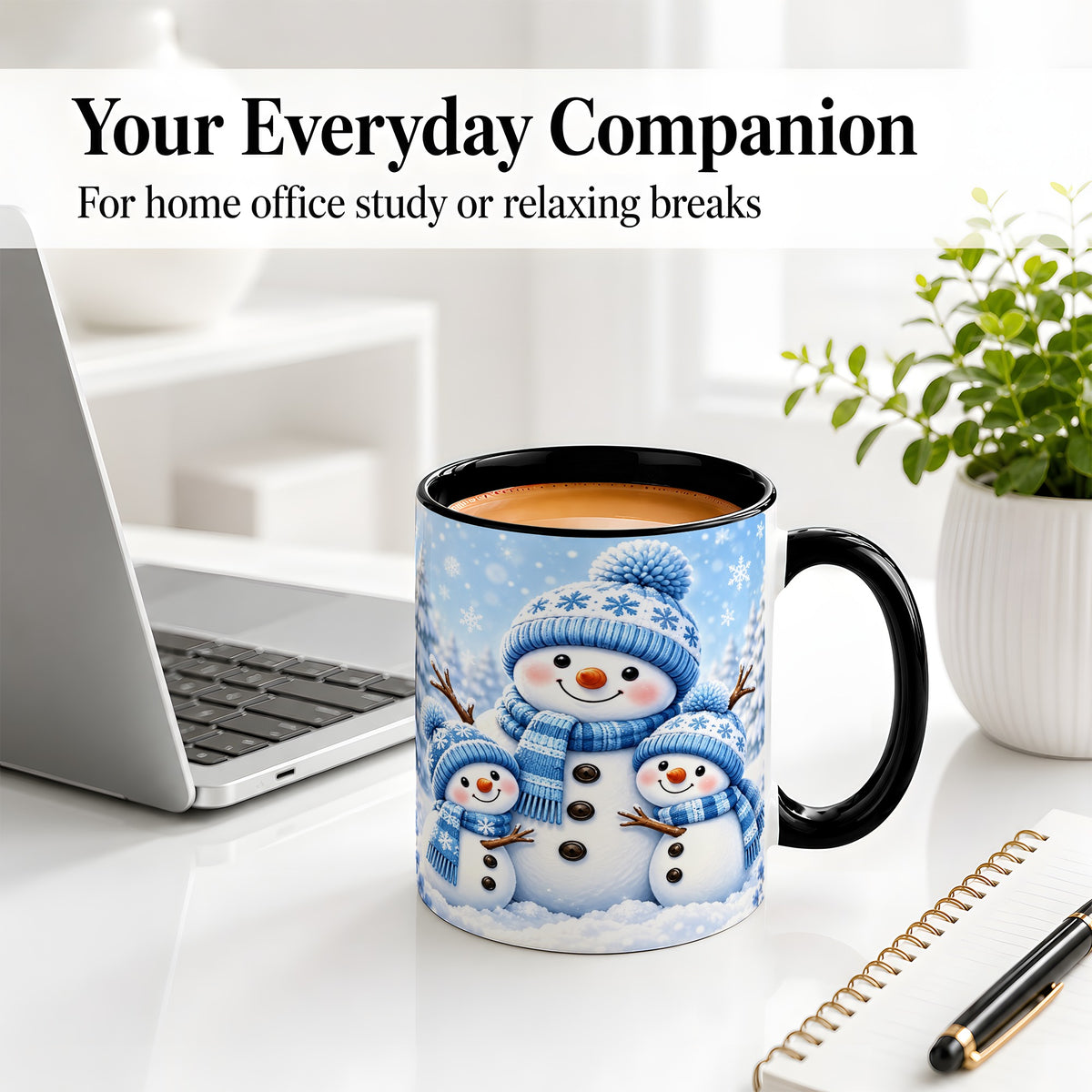#pl[11oz|Black] Festive Snowman Family Ceramic Mug, Blue Winter Snowflake Artwork