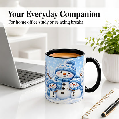 #pl[11oz|Black] Festive Snowman Family Ceramic Mug, Blue Winter Snowflake Artwork