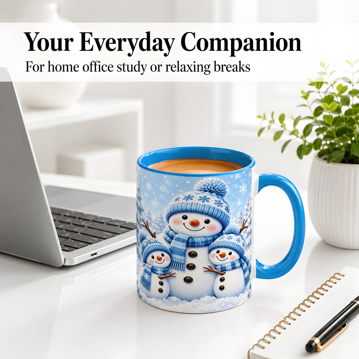 #pl[11oz|Blue] Festive Snowman Family Ceramic Mug, Blue Winter Snowflake Artwork