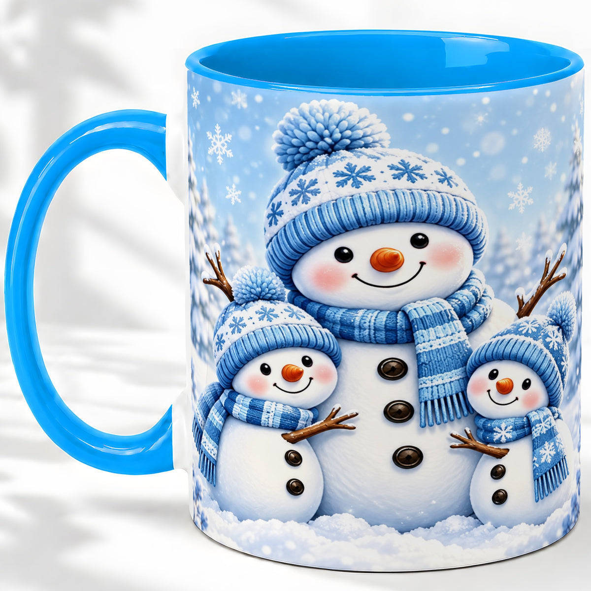 #pl[11oz|Blue] Festive Snowman Family Ceramic Mug, Blue Winter Snowflake Artwork