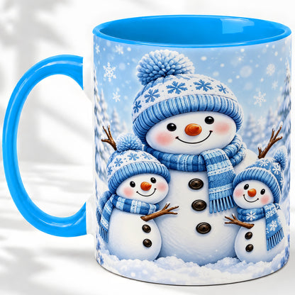 #pl[11oz|Blue] Festive Snowman Family Ceramic Mug, Blue Winter Snowflake Artwork