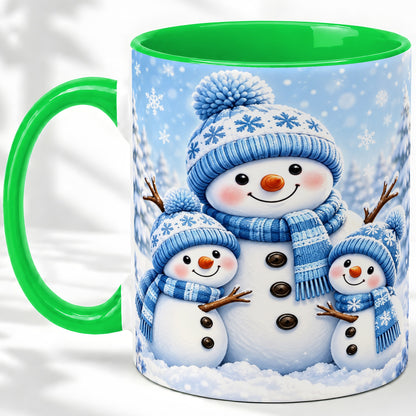 #pl[11oz|Green] Festive Snowman Family Ceramic Mug, Blue Winter Snowflake Artwork