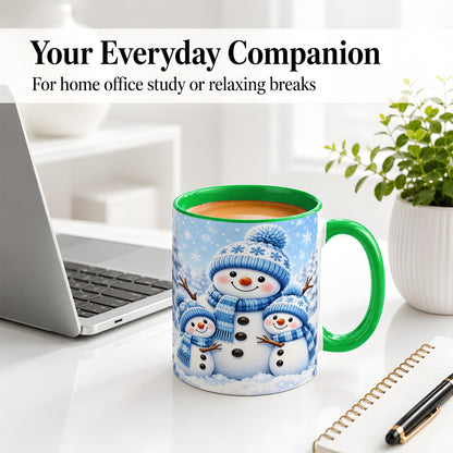 #pl[11oz|Green] Festive Snowman Family Ceramic Mug, Blue Winter Snowflake Artwork