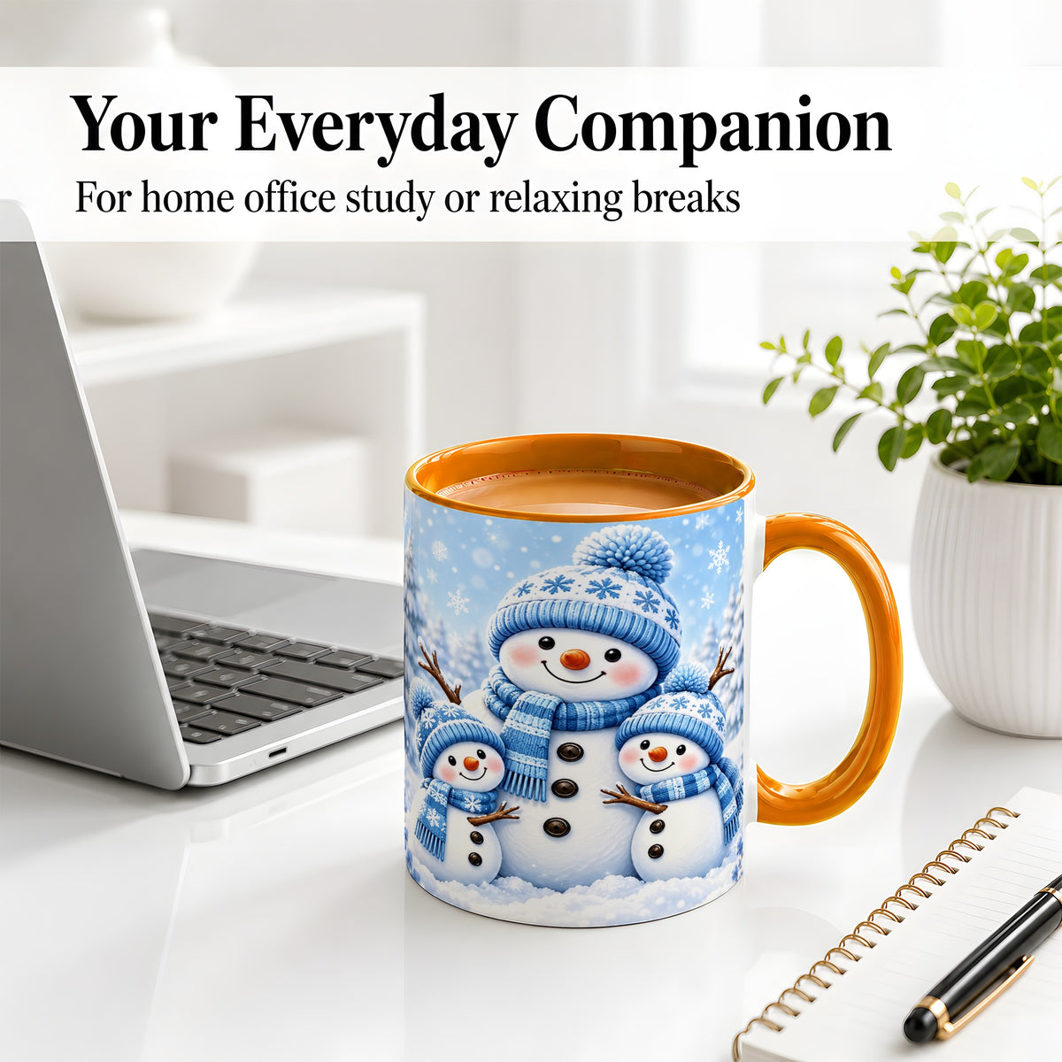 #pl[11oz|Orange] Festive Snowman Family Ceramic Mug, Blue Winter Snowflake Artwork