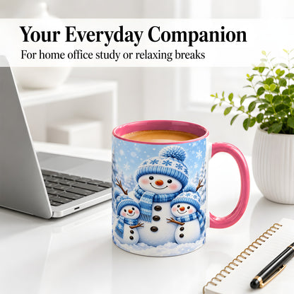 #pl[11oz|Pink] Festive Snowman Family Ceramic Mug, Blue Winter Snowflake Artwork