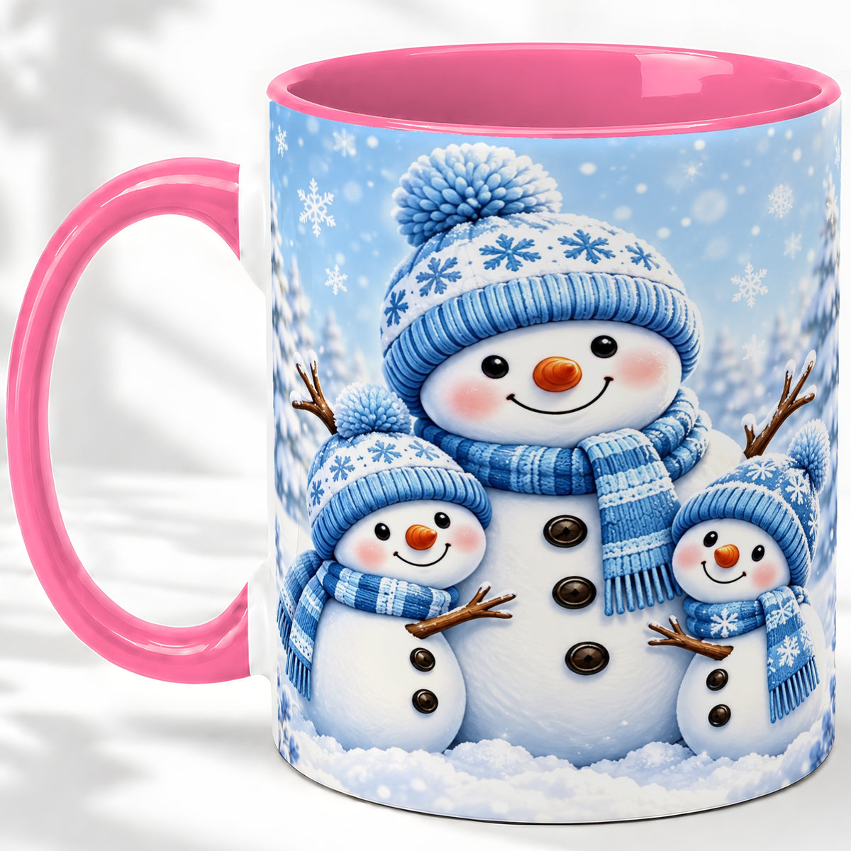 #pl[11oz|Pink] Festive Snowman Family Ceramic Mug, Blue Winter Snowflake Artwork