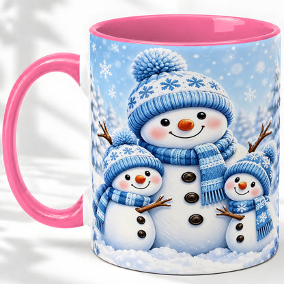 #pl[11oz|Pink] Festive Snowman Family Ceramic Mug, Blue Winter Snowflake Artwork