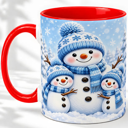 Festive Snowman Family Ceramic Mug, Blue Winter Snowflake Artwork