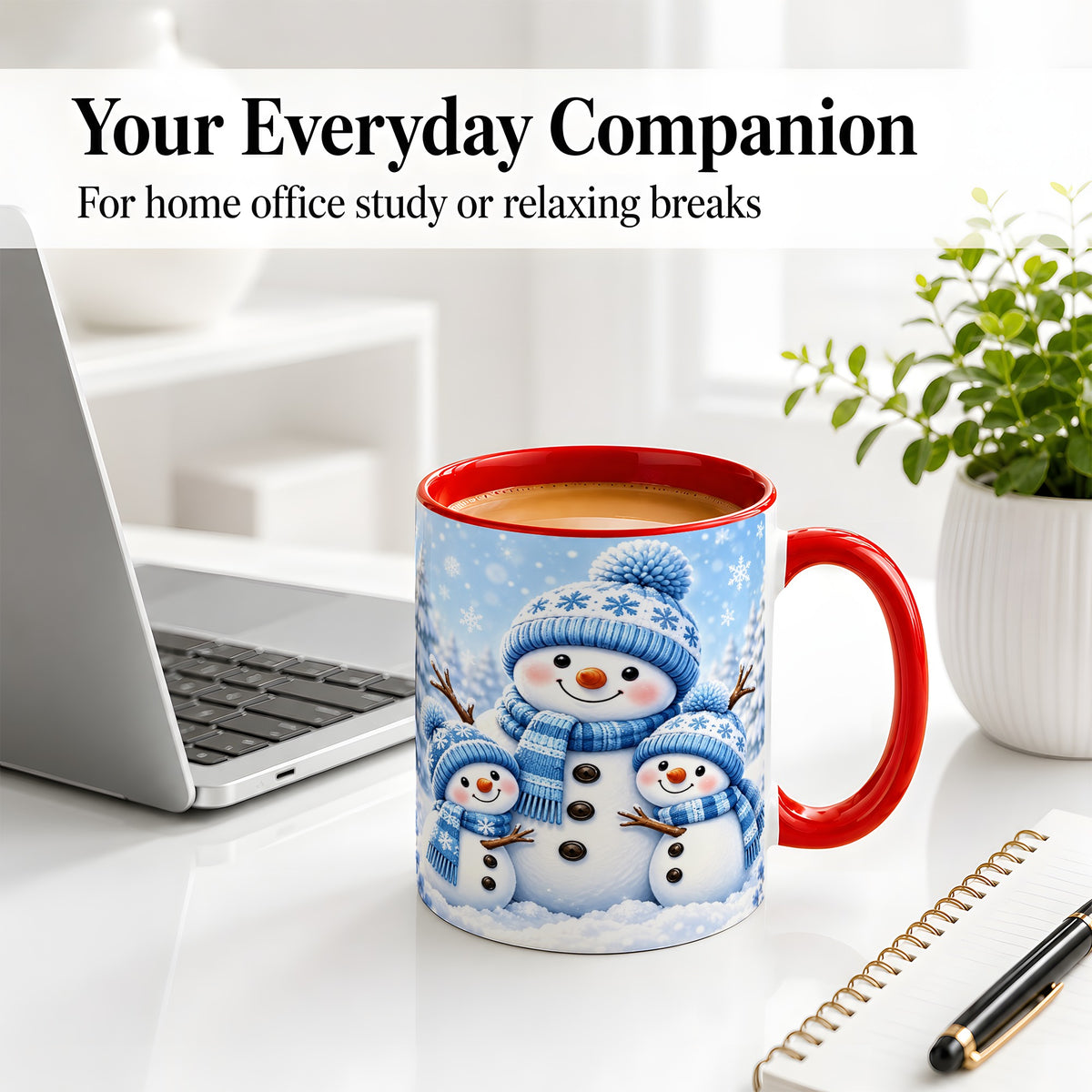 #pl[11oz|Red] Festive Snowman Family Ceramic Mug, Blue Winter Snowflake Artwork
