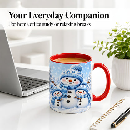 #pl[11oz|Red] Festive Snowman Family Ceramic Mug, Blue Winter Snowflake Artwork