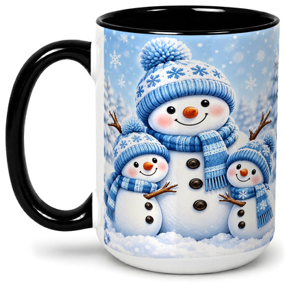 #pl[15oz|Black] Festive Snowman Family Ceramic Mug, Blue Winter Snowflake Artwork