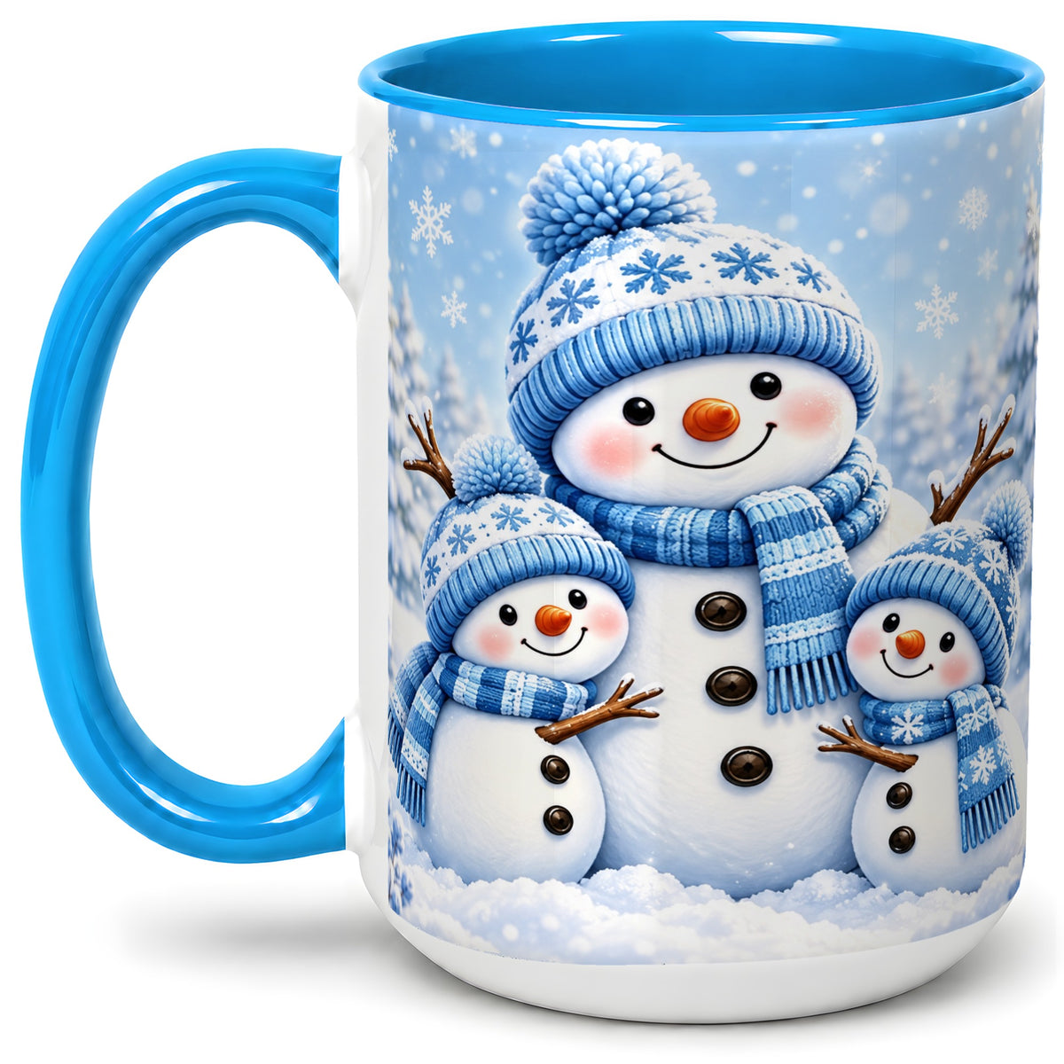 #pl[15oz|Blue] Festive Snowman Family Ceramic Mug, Blue Winter Snowflake Artwork