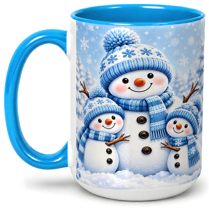 #pl[15oz|Blue] Festive Snowman Family Ceramic Mug, Blue Winter Snowflake Artwork