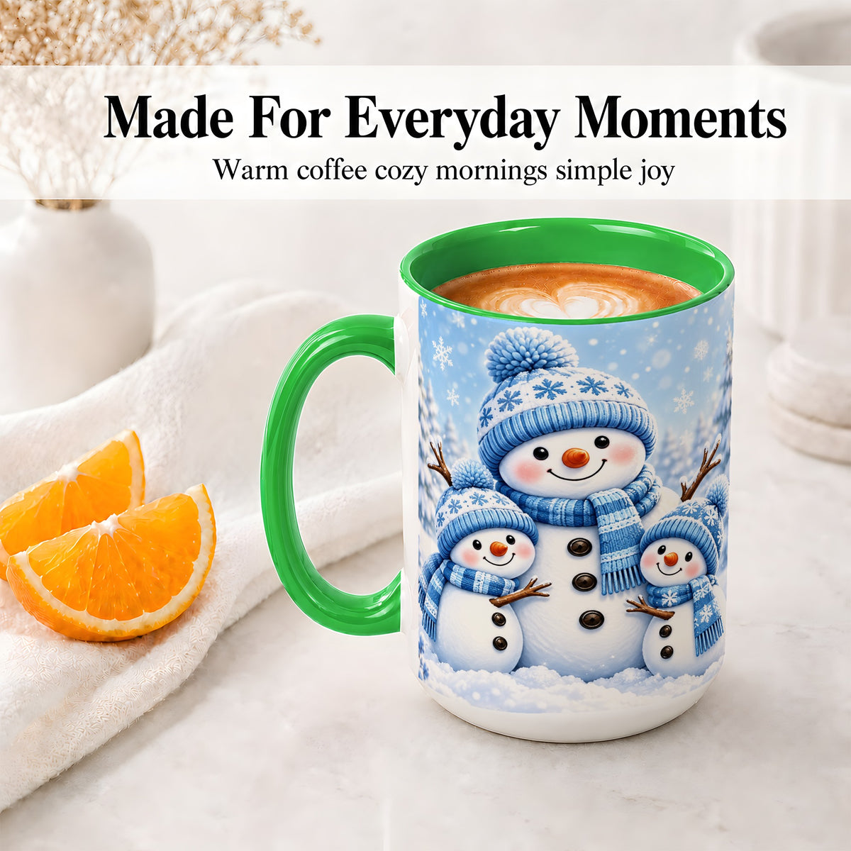 #pl[15oz|Green] Festive Snowman Family Ceramic Mug, Blue Winter Snowflake Artwork