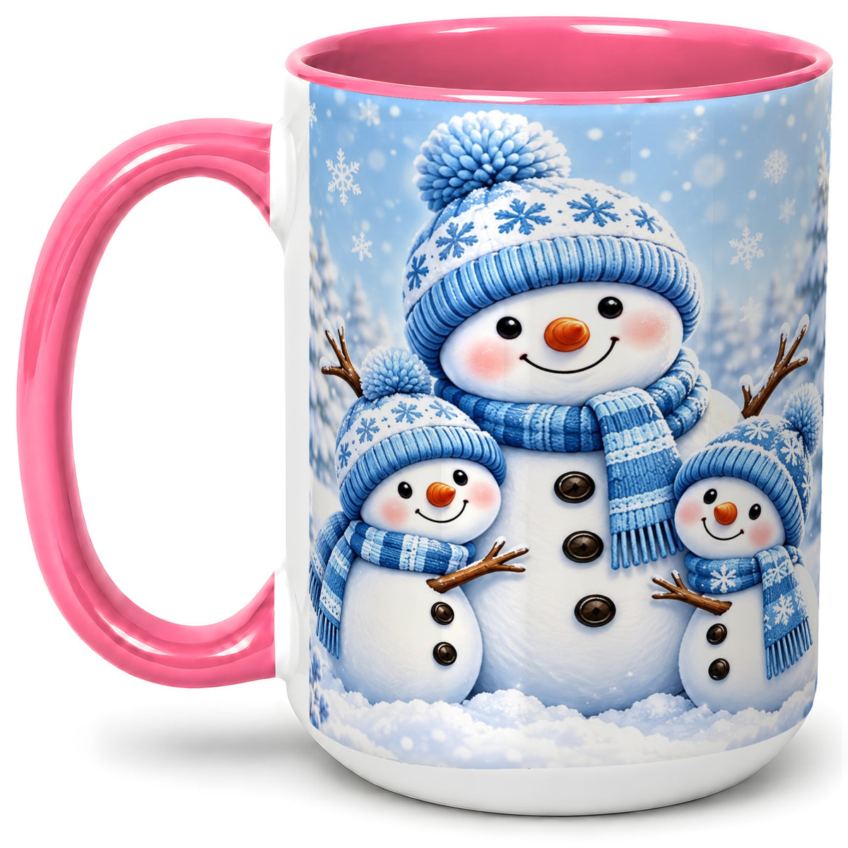 #pl[15oz|Pink] Festive Snowman Family Ceramic Mug, Blue Winter Snowflake Artwork