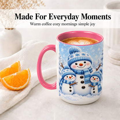 #pl[15oz|Pink] Festive Snowman Family Ceramic Mug, Blue Winter Snowflake Artwork