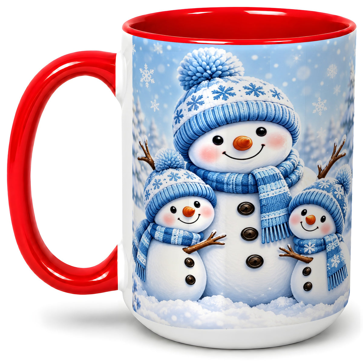 #pl[15oz|Red] Festive Snowman Family Ceramic Mug, Blue Winter Snowflake Artwork