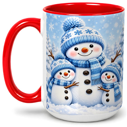#pl[15oz|Red] Festive Snowman Family Ceramic Mug, Blue Winter Snowflake Artwork