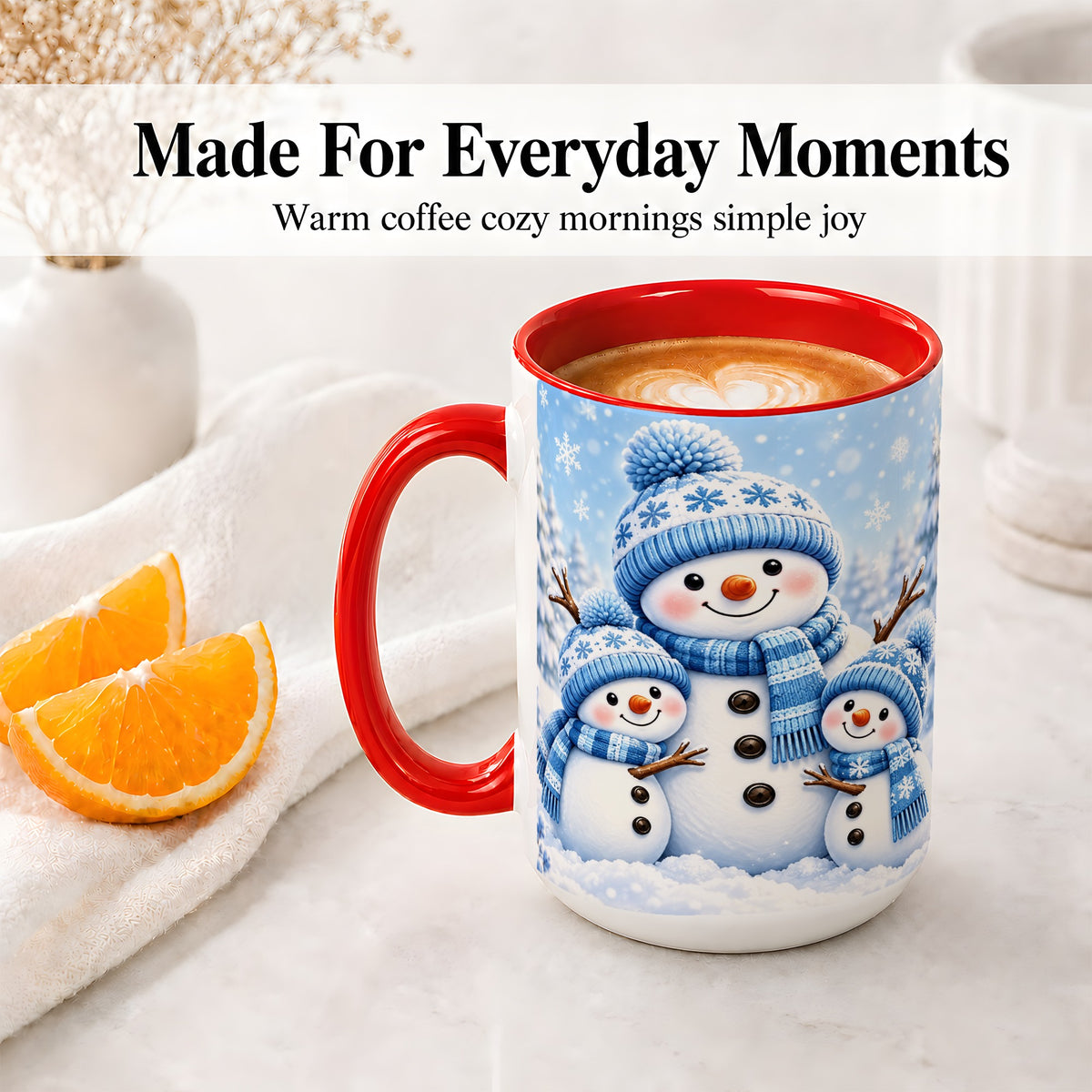 #pl[15oz|Red] Festive Snowman Family Ceramic Mug, Blue Winter Snowflake Artwork