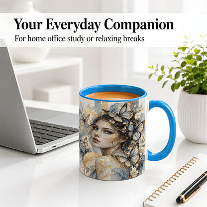 #pl[11oz|Blue] Butterfly Woman Ceramic Mug, Blue Gold Watercolor Portrait Art