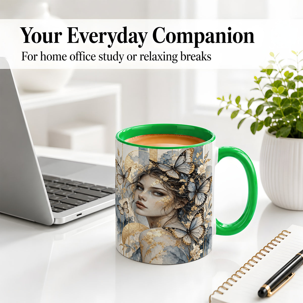 #pl[11oz|Green] Butterfly Woman Ceramic Mug, Blue Gold Watercolor Portrait Art