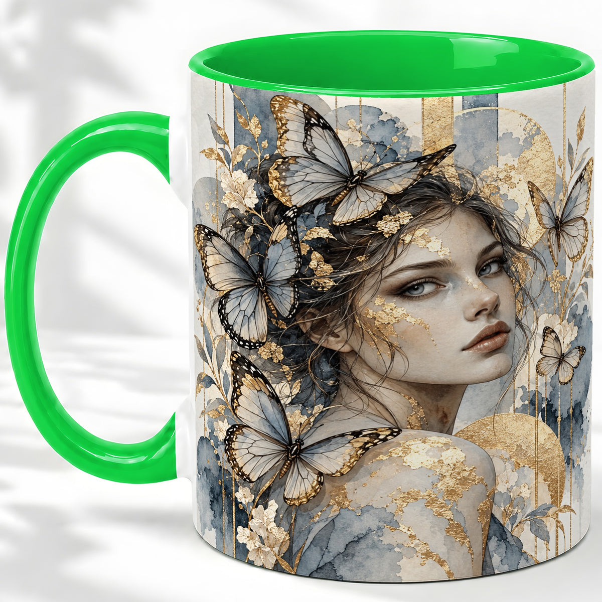 #pl[11oz|Green] Butterfly Woman Ceramic Mug, Blue Gold Watercolor Portrait Art