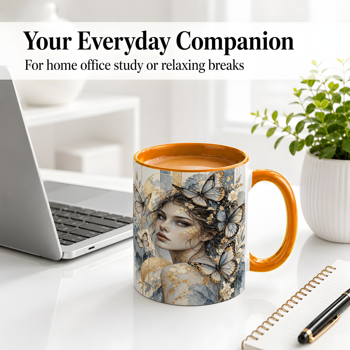 #pl[11oz|Orange] Butterfly Woman Ceramic Mug, Blue Gold Watercolor Portrait Art