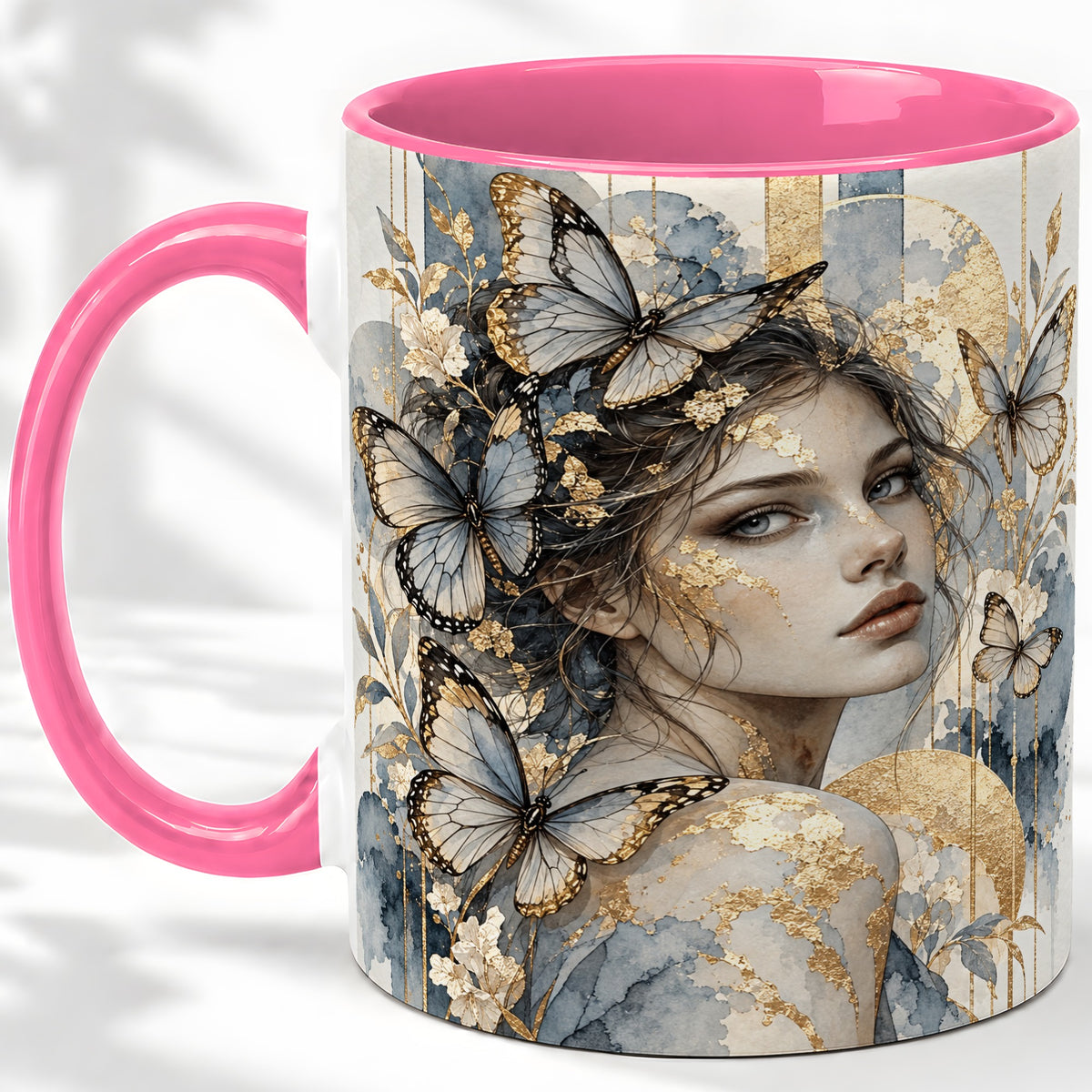 #pl[11oz|Pink] Butterfly Woman Ceramic Mug, Blue Gold Watercolor Portrait Art
