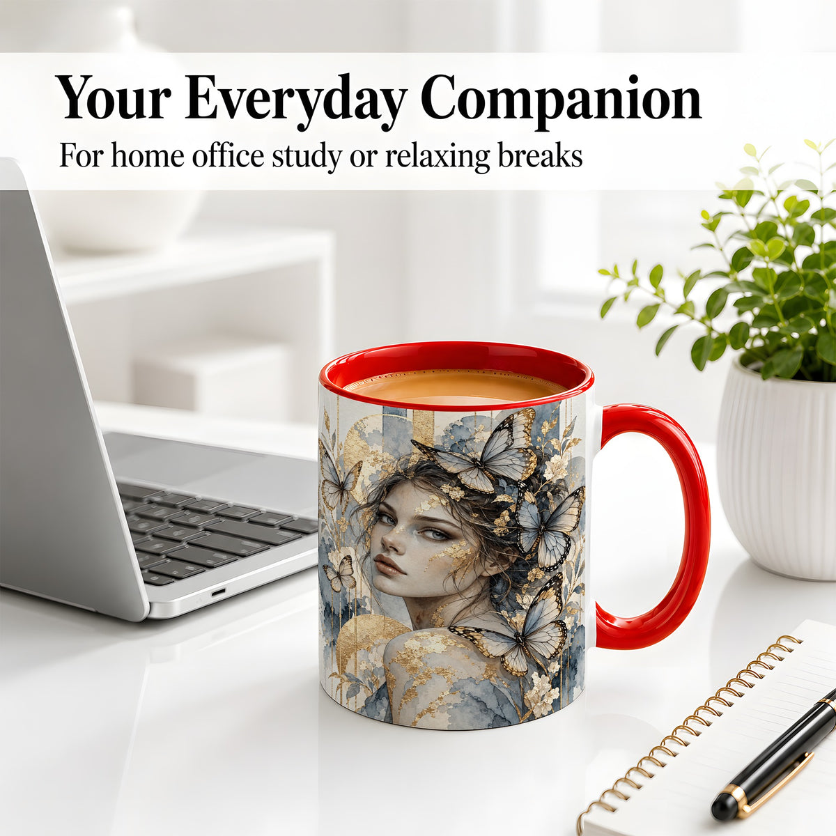 #pl[11oz|Red] Butterfly Woman Ceramic Mug, Blue Gold Watercolor Portrait Art