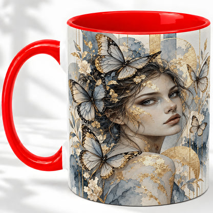 Butterfly Woman Ceramic Mug, Blue Gold Watercolor Portrait Art
