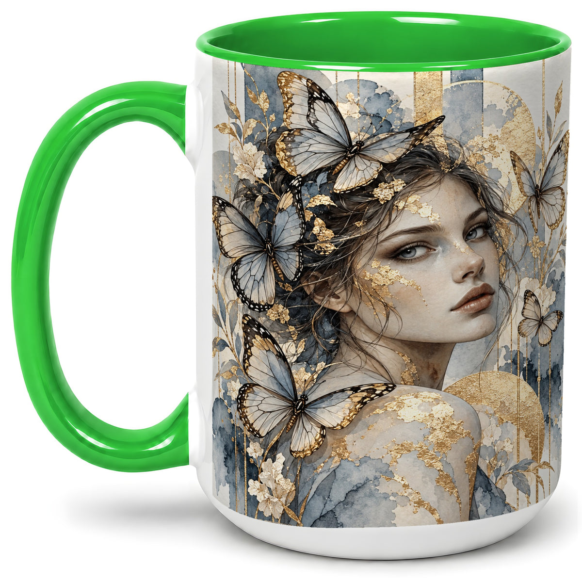 #pl[15oz|Green] Butterfly Woman Ceramic Mug, Blue Gold Watercolor Portrait Art