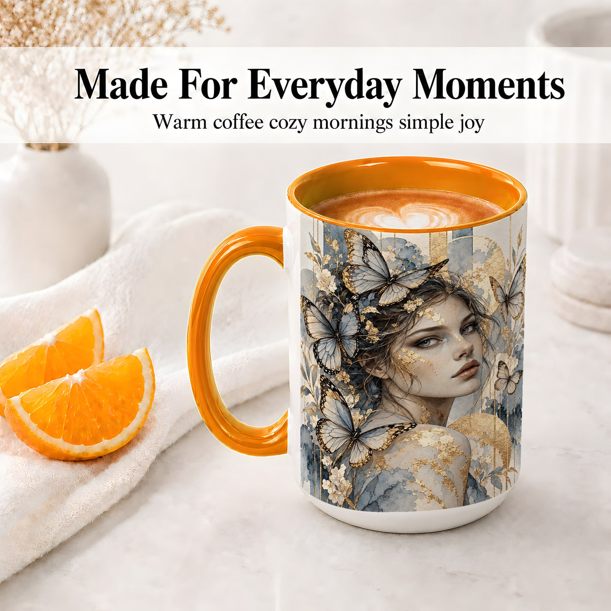 #pl[15oz|Orange] Butterfly Woman Ceramic Mug, Blue Gold Watercolor Portrait Art