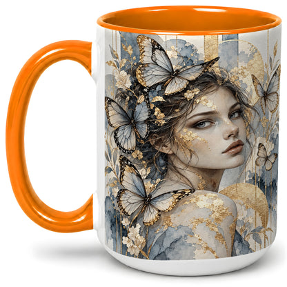 #pl[15oz|Orange] Butterfly Woman Ceramic Mug, Blue Gold Watercolor Portrait Art