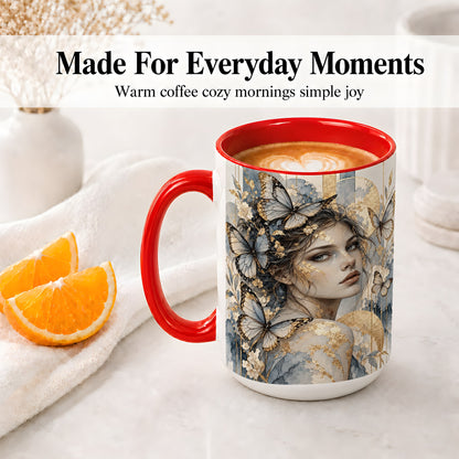 #pl[15oz|Red] Butterfly Woman Ceramic Mug, Blue Gold Watercolor Portrait Art