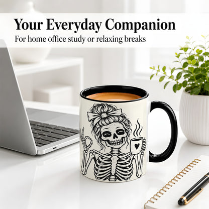 #pl[11oz|Black] Coffee Skeleton Ceramic Mug, Black White Spooky Line Art Design