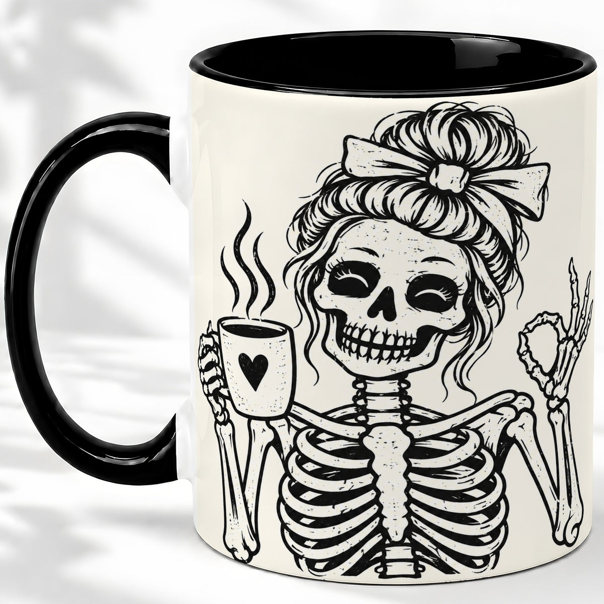 #pl[11oz|Black] Coffee Skeleton Ceramic Mug, Black White Spooky Line Art Design