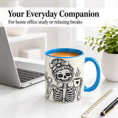 #pl[11oz|Blue] Coffee Skeleton Ceramic Mug, Black White Spooky Line Art Design