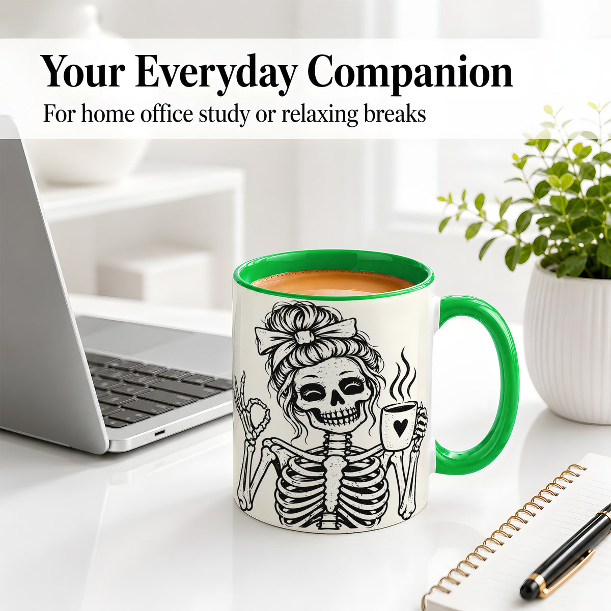 #pl[11oz|Green] Coffee Skeleton Ceramic Mug, Black White Spooky Line Art Design