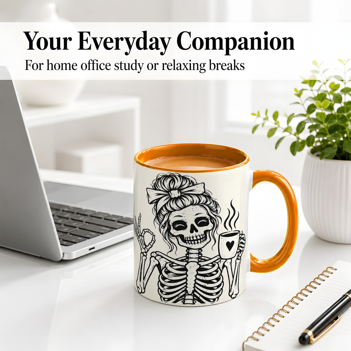 #pl[11oz|Orange] Coffee Skeleton Ceramic Mug, Black White Spooky Line Art Design