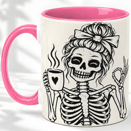#pl[11oz|Pink] Coffee Skeleton Ceramic Mug, Black White Spooky Line Art Design