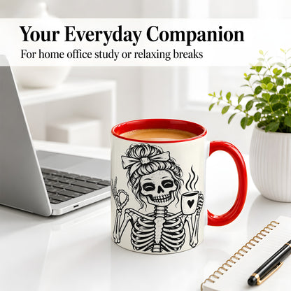 #pl[11oz|Red] Coffee Skeleton Ceramic Mug, Black White Spooky Line Art Design