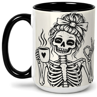 #pl[15oz|Black] Coffee Skeleton Ceramic Mug, Black White Spooky Line Art Design